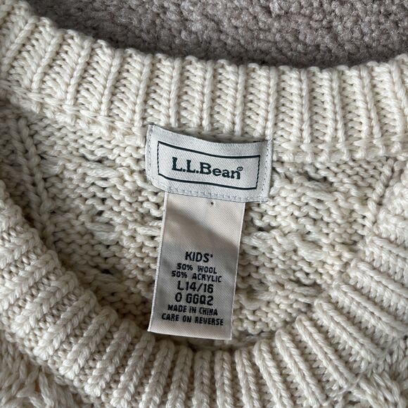 Vintage LL Bean Fisherman Sweater Women S (Tag Kid Large 14-16) Cream Cableknit - Picture 2 of 5